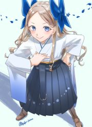 Rule 34 | 1girl, asakaze (kancolle), blue bow, blue eyes, blue hakama, boots, bow, cross-laced footwear, forehead, full body, hakama, hakama skirt, hand on own hip, japanese clothes, kantai collection, kimono, knee boots, lace-up boots, leaning forward, light brown hair, long hair, looking at viewer, meiji schoolgirl uniform, parted bangs, sidelocks, skirt, smile, solo, standing, tsukimura (d24f4z8j3t), twitter username, wavy hair, white kimono