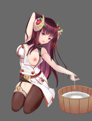 Rule 34 | 1girl, absurdres, arm behind head, arm up, azur lane, belt, black thighhighs, blush, breasts, brown belt, brown hair, bucket, clothes lift, collarbone, curled horns, dress, dress lift, flower, garter straps, grey background, hair flower, hair ornament, hand in own hair, highres, horns, kneeling, large breasts, long hair, looking at viewer, nipples, no panties, open clothes, open dress, open mouth, pink eyes, pussy, side slit, sleeveless, sleeveless dress, smile, suruga (azur lane), the hermit, thigh strap, thighhighs, water, wet, white dress, wooden bucket