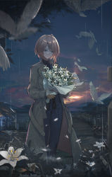 Rule 34 | 1girl, bird, black shirt, blue eyes, blue pants, bouquet, brown coat, brown hair, chinese commentary, closed mouth, coat, flower, girls&#039; frontline, graveyard, highres, holding, holding bouquet, holding flower, id card, long sleeves, looking down, mai (xskdizzy), medium hair, open clothes, open coat, pants, rain, scenery, shadowless (girls&#039; frontline), shirt, solo, standing, tombstone, water drop, wet face, white bird, white flower
