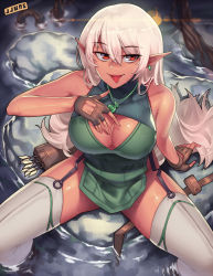 Rule 34 | 1girl, arrow (projectile), bad id, bad pixiv id, bare arms, breasts, brown gloves, cleavage, dark-skinned female, dark skin, dress, earrings, female focus, fingerless gloves, garter straps, gloves, green dress, jewelry, jjune, large breasts, looking at viewer, original, pointy ears, red eyes, silver hair, sleeveless, sleeveless dress, solo, thighhighs, tongue, tongue out, water, white thighhighs