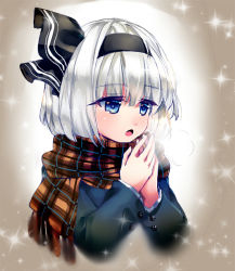 Rule 34 | 1girl, :o, black hairband, black ribbon, blue eyes, blush, breath, brown scarf, coat, commentary request, cropped torso, grey background, grey coat, hair ribbon, hairband, hands up, konpaku youmu, long sleeves, nagare, open mouth, plaid, plaid scarf, ribbon, scarf, short hair, silver hair, solo, sparkle, touhou, upper body