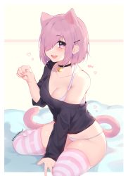 Rule 34 | 1girl, alternate costume, animal ears, bell, blush, bra, breasts, cat ears, cat girl, cat tail, cleavage, collarbone, fate/grand order, fate (series), fish bone, hair over one eye, heart, highres, jingle bell, looking at viewer, mash kyrielight, medium breasts, open mouth, panties, pastel colors, paw pose, pink hair, purple eyes, seiza, short hair, signature, simple background, sitting, smile, solo, swept bangs, tail, thighhighs, thighs, twitter username, underwear, weeniedesu, white panties, yellow background