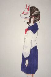 Rule 34 | 1girl, arms at sides, black hair, blue sailor collar, blue skirt, bob cut, covered eyes, cowboy shot, flat chest, fox mask, from side, long sleeves, mask, neckerchief, original, pleated skirt, red neckerchief, sailor collar, sailor shirt, school uniform, serafuku, shirt, short hair, simple background, skirt, solo, standing, tokunaga aoi, traditional media, white background, white shirt