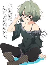 Rule 34 | 10s, 1girl, bare shoulders, bespectacled, black-framed eyewear, black pantyhose, blush, boots, breasts, brown hair, character name, cleavage, collarbone, fringe trim, glasses, green eyes, idolmaster, idolmaster cinderella girls, looking at viewer, mole, mole under eye, nonohachi, pantyhose, pantyhose under shorts, shirt, short hair, shorts, simple background, sitting, small breasts, smile, solo, takagaki kaede, white background