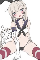 Rule 34 | 1girl, 1other, adapted costume, black hairband, black panties, blonde hair, chigasaki yukari, commentary request, cowboy shot, crop top, elbow gloves, gloves, hairband, head tilt, highleg, highleg panties, highres, kantai collection, long hair, looking at viewer, panties, rensouhou-chan, shimakaze (kancolle), simple background, smile, spread legs, striped clothes, striped thighhighs, thighhighs, underwear, white background, white gloves