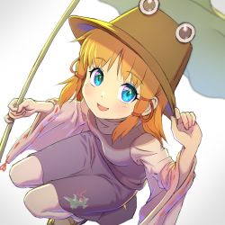 Rule 34 | 1girl, :d, animal print, blonde hair, blue eyes, blurry, breasts, depth of field, face, frog print, from above, hands up, hat, highres, holding, holding leaf, leaf, light blush, long hair, long sleeves, looking at viewer, moriya suwako, open mouth, pantyhose, purple skirt, purple vest, shiroi karasu, simple background, skirt, small breasts, smile, solo, squatting, touhou, vest, white background, white pantyhose, wide sleeves