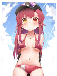 Rule 34 | 1girl, absurdres, aged down, bikini, blush, breasts, hair ribbon, hat, heterochromia, highres, hololive, houshou marine, houshou marine (summer), large breasts, long hair, looking at viewer, open mouth, pepushi drow, red eyes, red hair, ribbon, smile, solo, swimsuit, virtual youtuber, yellow eyes