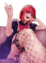 Rule 34 | 1girl, arima kana, black dress, bob cut, bow, bowtie, dress, gkck, highres, inverted bob, looking at viewer, maid, maid headdress, open mouth, oshi no ko, red eyes, red hair, short hair, simple background, sitting, smile, socks, solo, white background