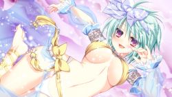 Rule 34 | 1girl, :d, aqua hair, armlet, barefoot, bow, breasts, detached sleeves, covered erect nipples, game cg, hair bow, kessen! otome-tachi no senjou 3, mysterious girl, open mouth, purple eyes, ribbon, short hair, smile, solo, sparkle, swimsuit