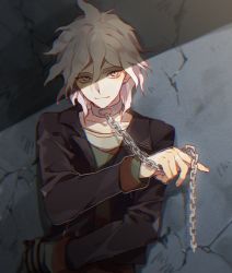 Rule 34 | 1boy, ahoge, black jacket, brown shirt, chain, chained, closed mouth, collar, collarbone, commentary request, cuffs, danganronpa (series), danganronpa 3 (anime), grey eyes, hair between eyes, hand up, holding, holding chain, io (sinking=carousel), jacket, komaeda nagito, long sleeves, looking at viewer, male focus, medium hair, metal collar, open clothes, open jacket, shackles, shirt, smile, solo, upper body, white hair