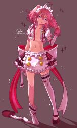 Rule 34 | 1boy, ahoge, apron, blue eyes, character request, commentary request, dated, dragon poker, earrings, full body, hair ornament, hairclip, highres, jewelry, loose thighhigh, maid headdress, male focus, miniskirt, navel, open clothes, open shirt, pink hair, shoes, signature, single shoe, skirt, smile, solo, suparu (detteiu), thighhighs, tongue, tongue out, trap, two side up, waist apron, x hair ornament