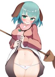 Rule 34 | 1girl, animal ears, bamboo broom, blush, breasts, broom, clothes lift, commission, cowboy shot, dog ears, dress, dress lift, green eyes, green hair, groin, highres, kasodani kyouko, large breasts, lifting own clothes, long sleeves, looking at viewer, midriff, navel, open mouth, panties, semotaretare, short hair, simple background, skeb commission, solo, standing, sweat, touhou, underwear, white background, white panties