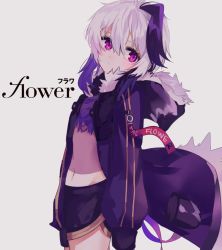 Rule 34 | 1girl, belt, character name, commentary, cowboy shot, flower (vocaloid), fur-trimmed hood, fur trim, fur trimm, gloves, gomiyama, grey background, head tilt, hood, hooded jacket, jacket, looking to the side, midriff, multicolored hair, navel, purple eyes, purple gloves, purple hair, purple jacket, short hair with long locks, shorts, sidelocks, solo, standing, streaked hair, symbol-only commentary, flower (gynoid talk), flower (vocaloid4), vocaloid, white hair