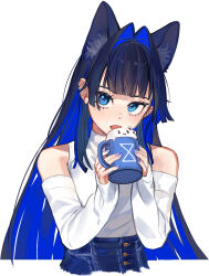 Rule 34 | 1girl, animal ears, bare shoulders, blue eyes, blue hair, blue nails, blue pants, blunt bangs, blush, cat ears, colored inner hair, cup, denim, detached sleeves, ear piercing, eus ing, fingernails, foam, hair intakes, high-waist pants, highres, holding, holding cup, hololive, hololive english, jeans, jewelry, long hair, long sleeves, multicolored hair, nail polish, official alternate costume, ouro kronii, ouro kronii (casual), pants, piercing, shirt, simple background, solo, tongue, very long hair, virtual youtuber, white background, white shirt