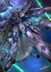 Rule 34 | commentary request, denjyou23, energy gun, finger on trigger, from below, funnels (gundam), genesis (gundam), glowing, glowing eye, gun, gundam, gundam seed, highres, holding, holding gun, holding weapon, laser, legs apart, looking to the side, mecha, mobile suit, motion blur, no humans, providence gundam, robot, science fiction, signature, solo, space, turning head, v-fin, weapon