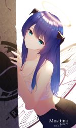 Rule 34 | 1girl, arknights, bare arms, bare shoulders, black shorts, blue eyes, blue hair, collarbone, commentary request, crop top, expressionless, halo, head tilt, highres, horns, leria v, long hair, looking at viewer, midriff, mostima (arknights), navel, roman numeral, shirt, short shorts, shorts, sleeveless, sleeveless shirt, solo, white shirt