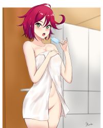 Rule 34 | 1girl, absurdres, blush, breasts, fiona (lapis re:lights), green eyes, groin, haruka 0123, highres, lapis re:lights, large breasts, looking at viewer, navel, open mouth, red hair, short hair, solo, towel