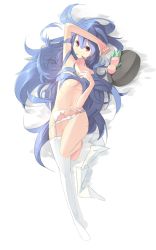 Rule 34 | 1girl, barefoot, blue hair, breasts, female focus, full body, garter belt, hair censor, hair in own mouth, hat, unworn hat, unworn headwear, hinanawi tenshi, long hair, lying, on back, panties, panties only, red eyes, simple background, single thighhigh, small breasts, smile, solo, tan (carbon), thighhighs, topless, touhou, underwear, underwear only, very long hair, white background, white panties, white thighhighs