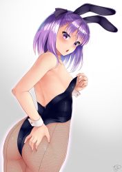Rule 34 | 1girl, :o, alternate costume, animal ears, areola slip, armpits, ass, ass grab, back, back-seamed legwear, bad id, bad pixiv id, bare shoulders, black hairband, black leotard, black ribbon, blush, breasts, cowboy shot, deep skin, fake animal ears, fake tail, fate/grand order, fate (series), fishnet pantyhose, fishnets, from behind, grabbing own ass, gradient background, grey background, hair ribbon, hairband, hand on own ass, helena blavatsky (fate), highres, leotard, looking at viewer, pantyhose, playboy bunny, purple eyes, purple hair, rabbit ears, rabbit tail, ribbon, seamed legwear, short hair, signature, small breasts, solo, standing, strapless, strapless leotard, tail, tomojo, wrist cuffs