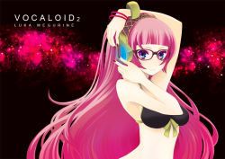 Rule 34 | 1girl, adjusting headphones, alternate hairstyle, arm up, bad id, bad pixiv id, bare arms, bare shoulders, bespectacled, bikini, bikini top only, black-framed eyewear, black background, black bikini, blue eyes, bracelet, breasts, character name, copyright name, female focus, glasses, headphones, hime cut, jewelry, large breasts, long hair, looking at viewer, megurine luka, nail polish, parted lips, pink hair, serious, solo, swimsuit, very long hair, vocaloid, wogura