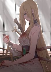Rule 34 | attempted suicide, blonde hair, blood, blood on clothes, blood on face, blood splatter, blood stain, blue eyes, corset, curtains, dishwasher1910, earrings, expressionless, from side, guro, highres, injury, jewelry, knife, long hair, rwby, salem (rwby), scissors, sitting, solo, spoilers, sword, very long hair, weapon, window