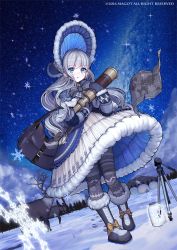 Rule 34 | 1girl, 2016, :o, bad id, bad pixiv id, blue eyes, bonnet, boots, cape, commentary request, dress, dutch angle, footprints, from below, fur-trimmed boots, fur-trimmed cape, fur-trimmed dress, fur trim, gothic lolita, grey legwear, honnou (kjs9504), igloo, jar, lolita fashion, long hair, looking at viewer, map, milky way, mittens, mountain, night, original, outdoors, pantyhose, pine tree, pocket watch, reindeer, silver hair, sky, snow, snow shelter, snowflakes, solo, star (sky), starry sky, striped clothes, striped legwear, striped pantyhose, telescope, tree, tripod, very long hair, watch, watermark