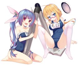 Rule 34 | 10s, 2girls, :d, arikawa satoru, arm support, armpits, bare legs, bare shoulders, barefoot, blonde hair, blue eyes, blue hair, blush, book, breasts, cleavage, clothes pull, collarbone, fang, female focus, glasses, hair ornament, hair ribbon, half-closed eyes, hat, unworn hat, unworn headwear, holding, i-19 (kancolle), i-8 (kancolle), kantai collection, large breasts, legs, long hair, looking at viewer, multiple girls, naughty face, no shoes, off shoulder, one-piece swimsuit, one-piece swimsuit pull, open book, open mouth, personification, pink eyes, ponytail, red-framed eyewear, red eyes, ribbon, school swimsuit, semi-rimless eyewear, sitting, smile, spread legs, star-shaped pupils, star (symbol), strap slip, sweat, swimsuit, symbol-shaped pupils, thighhighs, tiptoes, torpedo, twintails, wariza, wet, white legwear