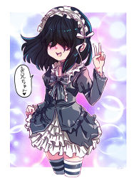 Rule 34 | 1girl, artist name, black hair, blue eyes, bubble, choker, dress, frilled dress, frills, gothic lolita, hair over one eye, hairband, highres, jcm2, lolita fashion, lucy loud, open mouth, signature, skirt hold, smile, solo, striped clothes, striped thighhighs, the loud house, thighhighs, translated, v, zettai ryouiki