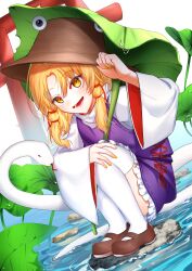 Rule 34 | 1girl, absurdres, blonde hair, brown footwear, brown hat, commentary request, hair ribbon, hand on headwear, hat, highres, kodouirasto, long hair, long sleeves, looking at viewer, mary janes, moriya suwako, open mouth, purple skirt, purple vest, red ribbon, ribbon, rock, shoes, skirt, skirt set, smile, snake, solo, squatting, thighhighs, torii, touhou, vest, water, white snake, white thighhighs, wide sleeves, yellow eyes, yellow nails
