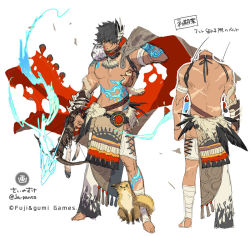 Rule 34 | 1boy, animal, animal on shoulder, arm tattoo, arrow (projectile), back, bandages, bandaged arm, bandaged leg, bandages, barefoot, belt, bird, black eyes, black hair, dare ga tame no alchemist, facial hair, feathers, glowing, glowing arrow, glowing tattoo, hair between eyes, japants, leg tattoo, male focus, muscular, navel, official art, owl, scar, scar on mouth, topless male, shoulder tattoo, simple background, sketch, squirrel, stomach tattoo, tattoo, toenails, torn, torn clothes, tribal, veins, white background