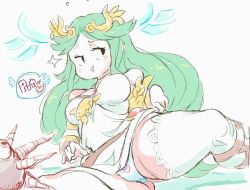 Rule 34 | 1girl, bare shoulders, black eyes, blush, breasts, breasts apart, cameltoe, clothes lift, crossover, dress, dress lift, female focus, gluteal fold, gordo, green hair, hair ornament, half-closed eyes, halo, happy, heart, heart panties, heart print, jpeg artifacts, kid icarus, kirby (series), large breasts, lifted by self, light blush, long hair, looking to the side, nintendo, open mouth, palutena, panties, parted bangs, print panties, simple background, single thighhigh, sketch, sleeveless, sleeveless dress, smile, solo focus, speech bubble, spoken heart, spread legs, starmilk, super smash bros., talking, thick thighs, thighhighs, thighs, underwear, very long hair, white background, white dress, white panties, white thighhighs