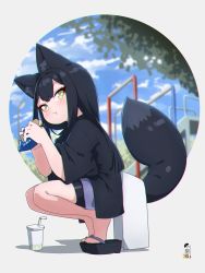 Rule 34 | 1girl, :t, animal ear fluff, animal ears, bendy straw, bike shorts, black footwear, black hair, black kimono, black shorts, blush, burger, closed mouth, commentary request, cup, disposable cup, drinking straw, eating, fast food, food, fox ears, fox girl, fox tail, full body, green eyes, hands up, highres, holding, holding food, japanese clothes, kimono, kuro kosyou, long hair, looking at viewer, original, sandals, short shorts, short sleeves, shorts, solo, squatting, tail, tiptoes, very long hair, yui (kuro kosyou), zouri