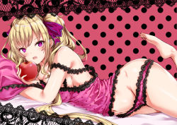Rule 34 | 1girl, :o, apple, armpit crease, bare shoulders, barefoot, blonde hair, blush, breasts, cleavage, collarbone, commentary request, feet, food, frilled panties, frilled shirt, frills, fruit, groin, hair ribbon, holding, holding food, holding fruit, leg up, lingerie, long hair, looking at viewer, lying, medium breasts, nijisanji, on stomach, open mouth, panties, pillow, pink panties, pink shirt, polka dot, polka dot background, purple eyes, purple ribbon, ribbon, romeo to cinderella (vocaloid), shirt, sidelocks, solo, strap slip, takamiya rion, teeth, thighs, two side up, underwear, upper teeth only, virtual youtuber, vocaloid, yukishiro arte