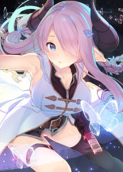 Rule 34 | 1girl, absurdres, armpits, bare shoulders, belt, belt buckle, black gloves, black thighhighs, blue eyes, blush, braid, breasts, buckle, bug, butterfly, cleavage, collarbone, draph, gloves, glowing butterfly, gluteal fold, granblue fantasy, hair ornament, hair over one eye, hairclip, highres, holding, horns, insect, large breasts, leaning forward, long hair, looking at viewer, narmaya (granblue fantasy), outstretched arm, parted lips, photoshop (medium), pink hair, pointy ears, sheath, shiny skin, simple background, single thighhigh, sleeveless, solo, tatami to hinoki, thigh strap, thighhighs