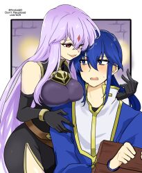 Rule 34 | 1boy, 1girl, alternate costume, bare shoulders, blue eyes, blue hair, blush, breasts, brother and sister, captured, corruption, dark persona, evil smile, facial mark, fire emblem, fire emblem: genealogy of the holy war, forehead mark, implied incest, julia (fire emblem), large breasts, long hair, nintendo, open mouth, purple hair, red eyes, seliph (fire emblem), siblings, smile, yukia (firstaid0)