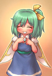 Rule 34 | 1girl, daiyousei, embodiment of scarlet devil, female focus, gradient background, green hair, jewelry, ring, sankuma, short hair, side ponytail, solo, touhou, wings