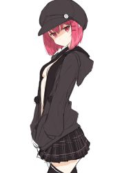 Rule 34 | 1girl, ariaria (netsuki), bad id, bad pixiv id, black thighhighs, breasts, cabbie hat, hair ornament, hairclip, hands in pockets, hat, highres, hood, hoodie, looking at viewer, miniskirt, miruto netsuki, no bra, open clothes, open hoodie, original, pleated skirt, red eyes, red hair, short hair, sketch, skirt, small breasts, solo, sweat, thighhighs, thighs, unfinished, white background, zettai ryouiki