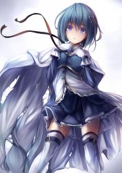 Rule 34 | 10s, 1girl, belt boots, blue eyes, blue hair, boots, cape, fal maro, fortissimo, hair ornament, hairclip, highres, looking at viewer, mahou shoujo madoka magica, mahou shoujo madoka magica (anime), mahou shoujo madoka magica movie 1 &amp; 2, matching hair/eyes, miki sayaka, musical note, musical note hair ornament, short hair, simple background, skirt, solo, soul gem, tears, thigh boots, thighhighs, torn cape, torn clothes