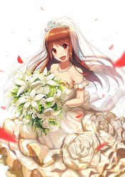 Rule 34 | 1girl, absurdres, bare shoulders, blurry, blush, bokeh, bouquet, bridal veil, brown eyes, brown hair, commentary, depth of field, dress, flower, flower request, frills, highres, huge filesize, idolmaster, idolmaster million live!, idolmaster million live! theater days, jewelry, long hair, looking at viewer, mazel (mazel star), necklace, open mouth, petals, see-through, smile, solo, tanaka kotoha, tearing up, tears, tiara, veil, wedding dress, white background, white dress