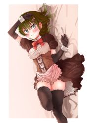 Rule 34 | 1girl, apron, black thighhighs, blush, bow, bowtie, breasts, character request, corset, covered erect nipples, cuffs, dress, elbow gloves, female focus, frown, gloves, green eyes, green hair, hair ornament, hairclip, hand on own head, highres, isshi pyuma, large breasts, looking at viewer, lying, matching hair/eyes, on side, original, rotated, simple background, solo, thighhighs, underbust, wavy mouth, zettai ryouiki