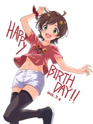 Rule 34 | 1girl, ahoge, black footwear, black thighhighs, breasts, brown hair, check commentary, collarbone, commentary request, damokan66, dated, denim, dot nose, green eyes, hair ornament, hairclip, hand up, happy birthday, highres, idolmaster, idolmaster million live!, idolmaster million live! theater days, kinoshita hinata, leg up, legs, light blush, looking at viewer, midriff peek, navel, open mouth, pleated pants, print shirt, red scrunchie, red shirt, scrunchie, shirt, short hair, short shorts, short sleeves, shorts, small breasts, smile, solo, star (symbol), star hair ornament, t-shirt, thighhighs, thighs, white background, white shorts, wrist scrunchie, zettai ryouiki