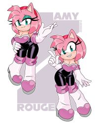 Rule 34 | 1girl, absurdres, amy rose, aqua eyes, aqua eyeshadow, bare shoulders, black bodysuit, black leotard, bodysuit, boots, breasts, contrapposto, cosplay, curvy, elbow gloves, eyeshadow, fang, gloves, grin, hairband, half-closed eyes, hand on own hip, hedgehog ears, hedgehog girl, high heel boots, high heels, highres, index finger raised, knee boots, leotard, long eyelashes, looking at viewer, makeup, medium breasts, nico-neko, pink fur, pointing, pointing up, red hairband, role reversal, rouge the bat, rouge the bat (cosplay), short hair, sleeveless leotard, smile, solo, sonic (series), white footwear, white gloves, wide hips