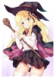 Rule 34 | 1girl, black cape, black hat, black skirt, blonde hair, blue eyes, blush, bow, brown cape, cape, colored eyelashes, hat, highres, holding, holding staff, hood, hood down, hooded cape, juliet persia, kishuku gakkou no juliet, long hair, long sleeves, looking at viewer, multicolored cape, multicolored clothes, open mouth, panties, pleated skirt, puffy long sleeves, puffy sleeves, red bow, shirt, skirt, sleeves past wrists, solo, staff, sweat, unacchi (nyusankin), underwear, very long hair, white panties, white shirt, witch hat