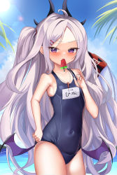 Rule 34 | 1girl, absurdres, blue archive, blue one-piece swimsuit, blue sky, blush, cloud, cloudy sky, collarbone, commentary request, demon girl, demon horns, demon wings, food, forehead, highres, hina (blue archive), hina (swimsuit) (blue archive), horizon, horns, innertube, lens flare, long hair, looking at viewer, low wings, mouth hold, ocean, official alternate costume, old school swimsuit, one-piece swimsuit, parted bangs, popsicle, purple eyes, school swimsuit, scowl, sidelocks, sky, sleeveless, solo, sunlight, swim ring, swimsuit, translation request, watermelon bar, whistle, whistle around neck, white hair, wings, yuki (best010409)