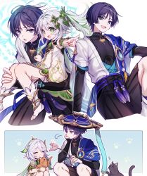 Rule 34 | 1boy, 1girl, puff of air, armor, black cat, blue eyes, carrying, cat, closed eyes, commentary request, detached sleeves, dress, genshin impact, green hair, green sleeves, hair between eyes, hair ornament, hat, highres, japanese armor, japanese clothes, jingasa, kote, kurokote, long hair, multicolored hair, multiple views, nahida (genshin impact), natsukko 0606, open mouth, pointing, pointy ears, ponytail, purple hair, scaramouche (genshin impact), side ponytail, smile, squatting, vision (genshin impact), wanderer (genshin impact), white dress, white hair