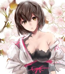 Rule 34 | 10s, 1girl, breasts, brown eyes, brown hair, cleavage, flower, hyuuga (kancolle), kantai collection, looking at viewer, moruchi (rinaka moruchi), short hair, solo, torn clothes, upper body