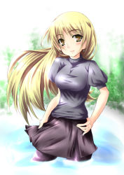 Rule 34 | 1girl, blonde hair, breasts, earrings, female focus, jewelry, long hair, looking at viewer, outdoors, partially submerged, plant, skirt, solo, standing, tagme, tekehiro, water, yellow eyes