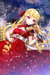 Rule 34 | 1girl, ahoge, blonde hair, breasts, cinia pacifica, cleavage, cocoon (loveririn), detached collar, dress, drill hair, flower, hair ribbon, instrument, long hair, lowres, medium breasts, music, night, outdoors, petals, pink eyes, playing instrument, pleated dress, red dress, ribbon, rose, smile, snow, solo, swept bangs, sword girls, very long hair, violin