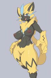 Rule 34 | 1girl, absurdres, animal ears, animal nose, big hand, black fur, black skin, blue eyes, blue fur, breasts, claws, colored skin, cooliehigh, creatures (company), fangs, featureless crotch, feet out of frame, female focus, furry, furry female, game freak, gen 7 pokemon, highres, legendary pokemon, looking at viewer, mythical pokemon, navel, nintendo, nipples, open mouth, pokemon, pokemon (creature), simple background, smile, solo, spiked hair, thick thighs, thighs, two-tone fur, wide hips, yellow fur, zeraora