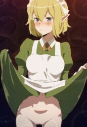 Rule 34 | 1girl, apron, blonde hair, blue eyes, blush, bottomless, censored, closed mouth, commentary, dress, dungeon ni deai wo motomeru no wa machigatteiru darou ka, elf, english commentary, green dress, hair between eyes, hands up, highres, long sleeves, looking to the side, maid apron, maid headdress, mosaic censoring, navel, pointy ears, presenting, puffy long sleeves, puffy sleeves, pussy, ryu lion, solo, thigh gap, thighs, variant set, wing collar, zuharu